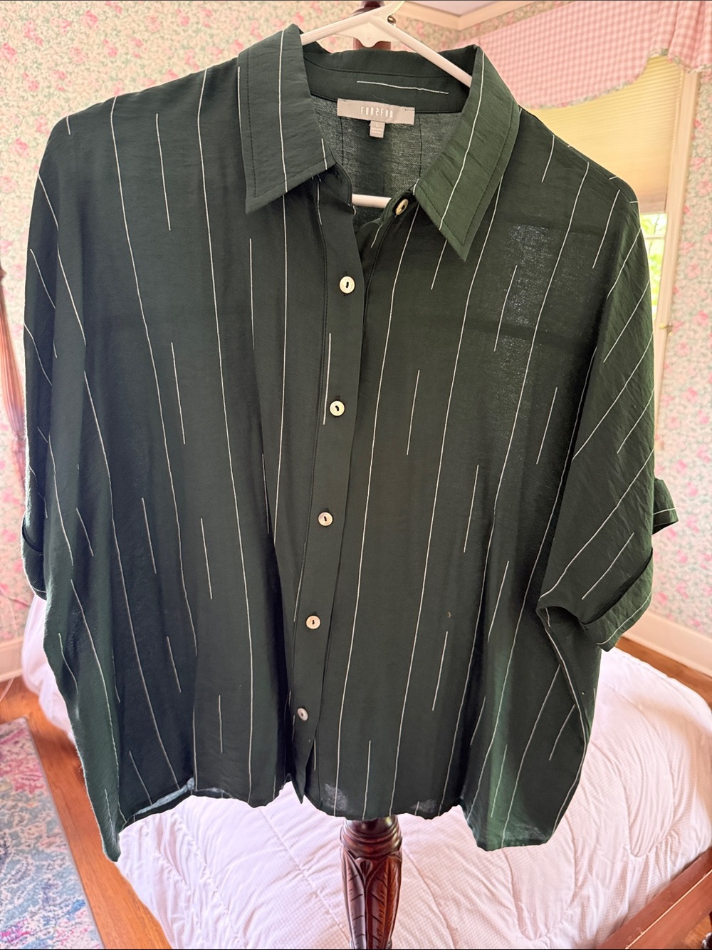 fun 2 fun Forest Green Pinstripe Button-Up Blouse